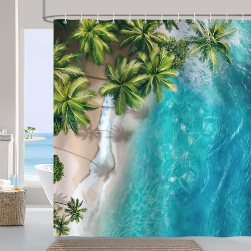 Bonhause Duschvorhang Meer Strand Palmen Ozean Sommer Tropisch Küste Duschvorhänge 180 x 180 cm Anti-Schimmel Wasserdicht Polyester Stoff Waschbar Bad Vorhäng für Badzimmer mit 12 Haken