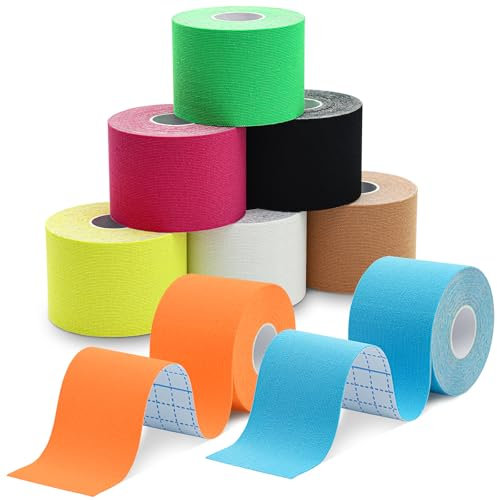 Nastro Kinesiologico 8 Rotolo, 5 cm x 5 m Tape Kinesiologico Muscolare Cerotto, Impermeabile e ad Alta Elasticità, Kinesio Tape per Ginocchio, Articolazioni, Supporto Muscolare, Schiena e Polso