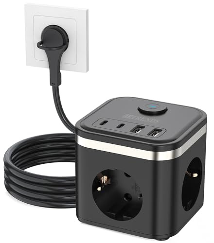 Uttagskub med USB, 3-vägs flera uttag med strömbrytare, grenuttag med 2 USB A 2 USB C, 7-i-1 grenuttag med 2 m kabel, platt kontakt flera uttag för kontor resor, svart