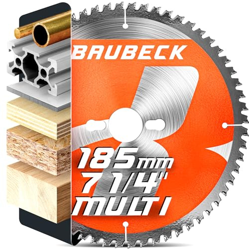 BAUBECK Circular Saw Blade 185mm x 20mm +16mm Ring - 80T fine cut in Wood, Metal etc. - TCT 185 mm saw blade x80T - Compatible with Evolution FW255TCT-60, Hikoki C7SB3, Dewalt DCS580 185mm saw blade