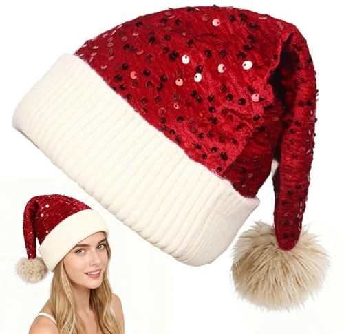 Bonnet de Noël pour adulte - Bonnet de Noël à paillettes - Bonnet de Père Noël - Bonnet de Père Noël - Décorations de Noël - Accessoires de fête de Noël