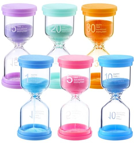 lomdung 6 Pièces Sablier Coffret, Sabliers Colorés pour Enfants, 1/3/5/10/15/30 Minutes, Timer Enfant, pour l'apprentissage, Le Timing de Jeu, la Décoration du Bureau à Domicile