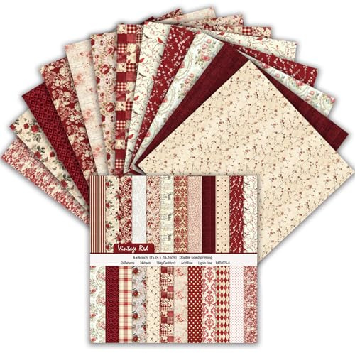 Scrapbook Paper 6x6 160gsm Double-Sided Decorative Papers for Scrapbooking, Junk Journaling, and Card Making, Ideal Scrapbook Supplies and Paper Craft Supplies 24 Sheets (Vintage Red, 15x15cm)