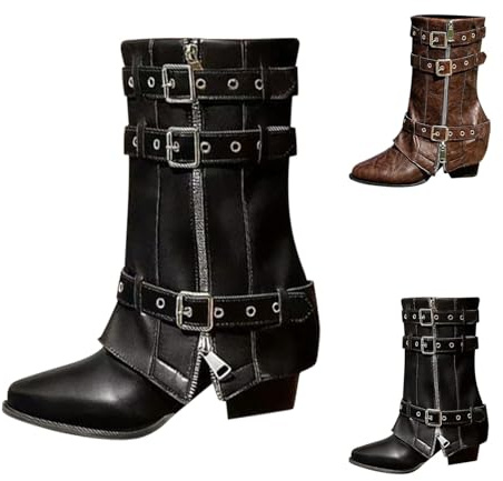 Stivaletti da donna con tacco a blocco, Slouchy Boots Fold Over Shark Boots a mezza altezza, stivaletti a blocco, punta a punta, stivali invernali da donna, Nero , 40 EU