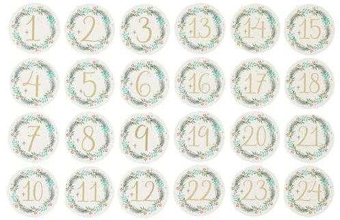 Christmas Advent Stickers 1-24 Gold Wreath Numbers Countdown Calendar DIY Crafts - DIY Toppers - By Love Kates - Festive Design, Advent Craft Projects, Personalised Advents, Cream & Green Stickers