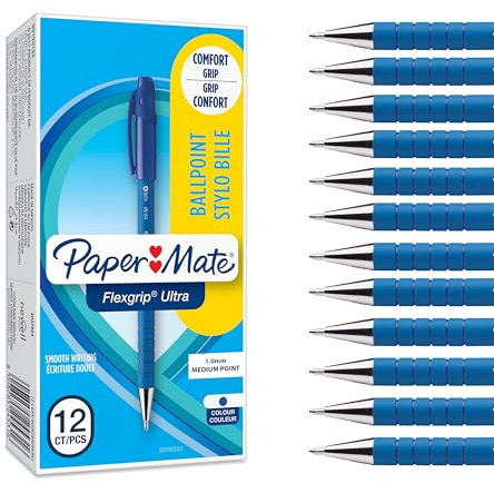 Paper Mate Flexgrip Ultra Ballpoint Pens | Medium Point (1.0mm) | Handwriting Pens & Stationery Supplies | Blue Pen Set | 12 Count