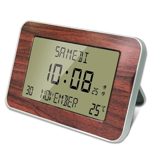 Fishtec - Funkuhr Wecker mit Kalender – Große Anzeige, Datum, Tag, Uhrzeit, Temperatur, 2 Alarme, Wandbefestigung oder Standfuß – Holzoptik, 24 x 14 cm
