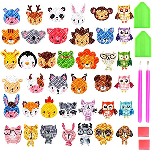 DIY Diamond Painting Kinder Sticker Aufkleber Set Klein Tiere Mosaik Llebebilder 5D Diamant Painting Bilder Malerei Diamontpating für ab 4 Jahre Kinder Junge Mädchen Erwachsene Anfänger (39 Stücke)