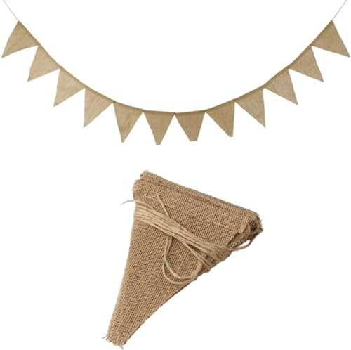Rustikale Wimpelkette aus Leinen und Jute - Vintage Girlande mit 13 Flaggen für Hochzeit Dekoration