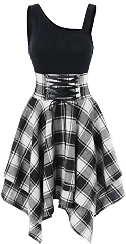 Vestido gótico de Mujer a Cuadros Mini Sexy de Cintura Alta asimétrico Casual Femenino Elegante gótico Punk Corto Vestidos de Encaje de Fiesta