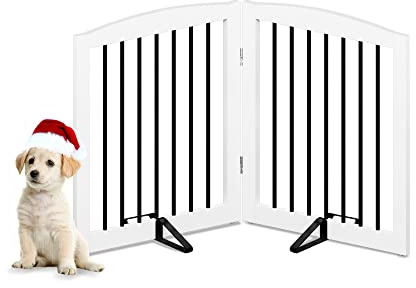 PUPETPO Freestanding Pet Gate for Dogs, Foldable Wooden Dog Gate for House, Indoor Pet Barrier for Stairs, Doorways, Support Feet Included, 24 Height 2 Panels, White