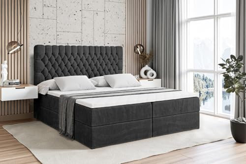 ALTDECOR Boxspringbett mit Matratze und Lattenrost, Boxbett, Topper, Polsterbett mit Bettkasten, Bett mit Stauraum H3-Matratze, Doppelbett, Springboxbett - Serene - 180x200 - Schwarz Samt