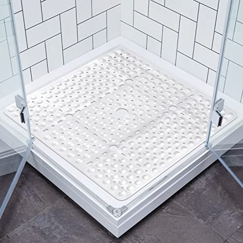 Lurowo Tapis de Douche Antidérapant, Grand Tapis de Bain Carré 70 * 70cm avec Ventouses, Tapis de Baignoire Antibactérien Lavable pour la Douche, Baignoire (Blanc Pur)