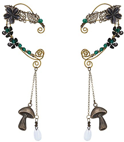 Renaissance Handmade Cherry Blossom Elf Fairy Ear Cuffs - Bronze Forest Antique Vintage Earrings with Green Rhinestone Delicate Dangle Ear Jewelry for Women Christmas Halloween Costume Dress Up Accessory