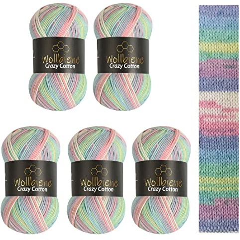 5 x 100g Wollbiene Crazy Cotton Batik 500 Gramm mit Farbverlauf 55% Baumwolle mehrfarbig Multicolor Strickwolle Häkelwolle Wolle Ganzjahreswolle (2010 grün rosa weiß pastell)