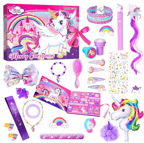 MJARTORIA Mädchen Adventskalender 2024 Kinder Einhorn, Weihnachtskalender Teenager 24 Überraschungen, Überraschungspaket mit Schmuck Haarschmuck Spielzeug