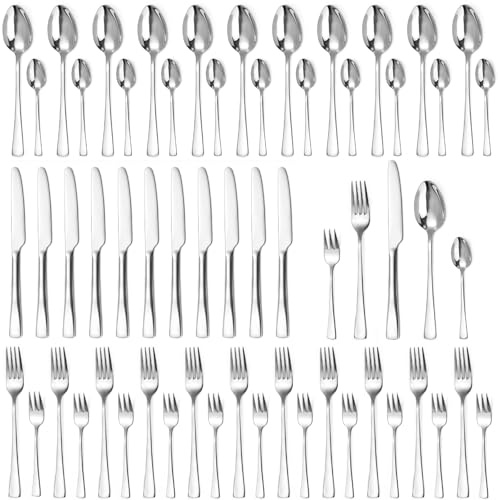 Targzier Set di posate per 12 persone, 60 pezzi, con coltello, forchetta, cucchiaio, di alta qualità, in acciaio inox lucidato a specchio, argentato, lavabile in lavastoviglie