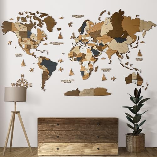 WoodLeo Hölzerne Weltkarte (Deutsch) - 3D Art Large Wall Decor - Karte Größe (M, L, XL) Jeder Anlass Geschenkidee - Wandkunst für Haus, Küche oder Büro (CAFFÈ, L (160x85 cm))