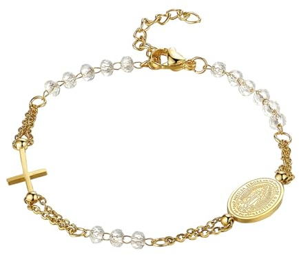 Cupimatch Bracelet chapelet catholique pour femme : acier inoxydable croix cristal perles bracelet vierge marie bracelet communion confirmation baptême cadeaux pour filles femmes