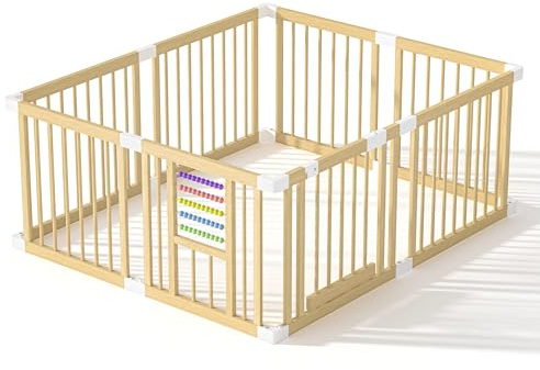 Baby Playpen Large Wooden Playpen for Babies and Toddlers, Baby Fence with Colorful Acrylic Beads, Play Area with Suction Cups, Extra Large Play Pen Area Indoor（160 x 120 x 61 cm