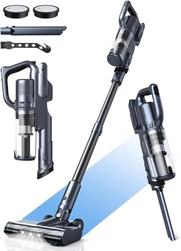 MIUZZY Aspirateur Balai sans Fil, 30000Pa Puissance d'Aspiration, Autonomie de 50min, Autoportant, Anti-Enchevêtrement, Aspirateur Balai Léger pour Sols Durs, Moquettes, Voitures et Poils d'animaux