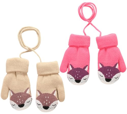 FUIPVGI 2 Paar Baby Winter Handschuhe, Cartoon Kinder Winter Handschuhe Fäustlinge, Warm Strickhandschuh Handschuhe mit Schlüsselband für 0-3 Jahre Mädchen Junge (Khaki, Dunkelrosa)