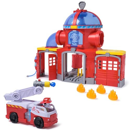 PAW PATROL – Fire Rescue Feuerwehr-Station mit Licht- und Soundeffekten, Wasserkanone, Rutschstange und Startrampe, ca. 38 cm, inkl. Marshall-Figur und Feuerwehrauto, für Kinder ab 3 Jahren
