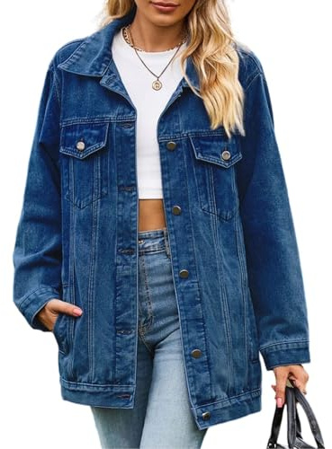 YOUNIFIZ Veste en jean pour femme à manches longues surdimensionnée boutonnée avec poches, 09_Bleu marine, XXL