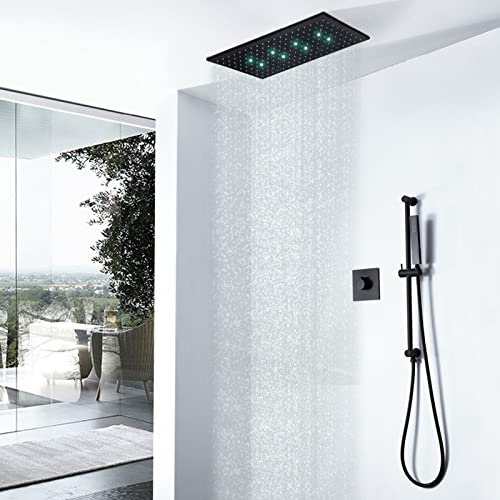 DXEMRQPB Ducha LED Negra Mate, Grifo de Ducha con Barra Deslizante, Cabezal de Ducha LED de 30 x 60 cm montado en el Techo y Ducha de Mano, Juego de Ducha Mezclador Tipo Lluvia