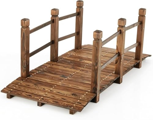 FANTASK Ponte in Legno da Giardino, Ponte per laghetto con ringhiera, Ponte Decorativo Fino a 180 kg, Ponte in Legno di Abete Massiccio, Marrone