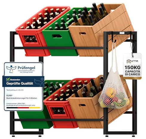 Rumy Getränkekistenregal für 6 Kisten – Stabiles Getränkeregal und 2 Haken – Kistenregal für Getränkekisten, Bierkisten und Wasserkästen – Schwarz, Bierkisten regal belastbar bis 150 kg