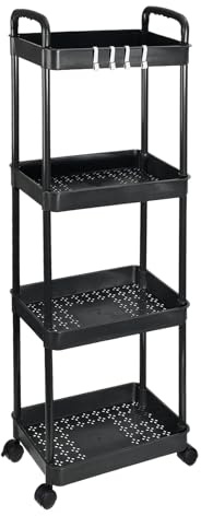 PATIKIL Carro De Utilidades Rodante De 4 Niveles con Mango, Carro Organizador con Estantes De Almacenamiento, Organizador De Almacenamiento Móvil con Ruedas, Negro