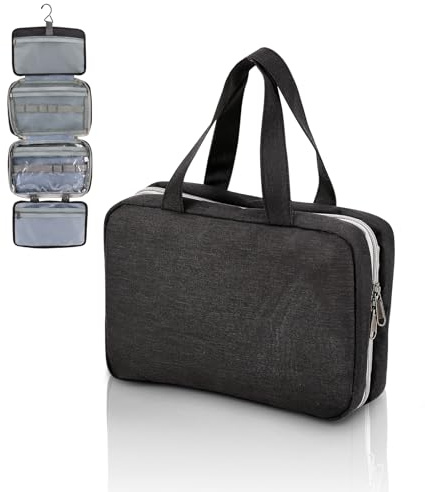 FeinKulturia Beauty Case da Viaggio con Gancio in Metallo, Borsa da Toilette Pieghevole e Appendibile, Necessaire Cosmetici Impermeabile Leggero con Manico, Scomparti Asciutto & Bagnato – Nero