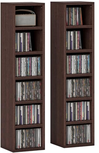 HOMCOM Lot de 2 étagères colonnes Armoire de Rangement CD-DVD 6 + 6 Compartiments 21 x 19,2 x 88,3 cm capacité Max. 160 CD Effet Bois Marron