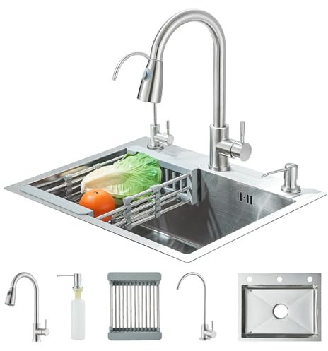 Fregadero moderno de acero inoxidable de un seno, 55 x 45 cm, apto para encastrar o montar sobre encimera, con grifo extraíble de 360 grados + dispensador de jabón y grifo con filtro de agua
