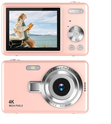 Hasaller CCD 1080P digitalkamera 96 MP autofokus vloggkamera med 16 x zoom och 2,4 tum IPS-skärm för Full HD-videoinspelning, kompakt för resor och selfies (rosa)