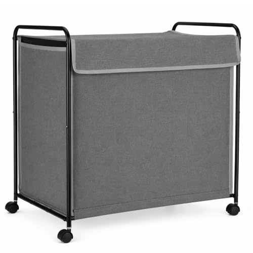 VINATO 110L Cesto de Ropa con Tapa y Ruedas, Gran Cesto de Almacenamiento Móvil de Tela Oxford con Estructura Metálica Robusta, Cesta con Asa para Ropa, Juguetes, Envases Retornables – Gris