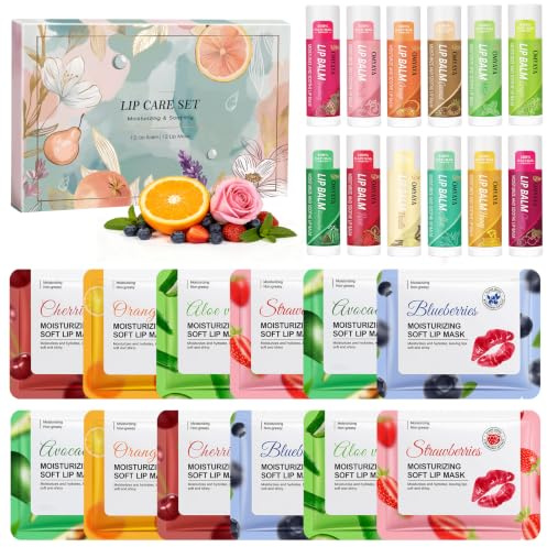 24PCS Lip Balm ＆ Lip Mask, Lip Balm Multipack Provides Deep Hydration | Flavoured Moisturiser Lip Balm Set with Shea Butter and Natural Oils, Nourishing Lip Care set, Compact and Convenient