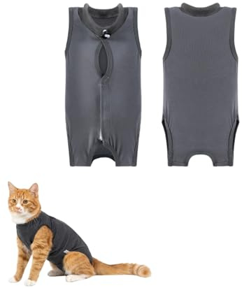RAMGLYO Body Post Operatorio Gatto, Tuta Recupero Anti-Leccamento Grigia Poliestere. 1 Pezzo. Elasticizzata per Proteggere Ferite Addominali, Malattie, Sterilizzazione Cani e Gatti.