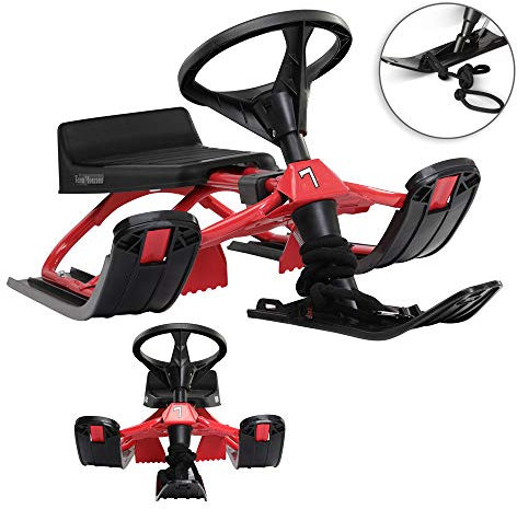 monzana® Lenkschlitten bis 75 kg Bremse Lenkrad Rückenlehne Zugseil Gepolsterter Sitz Schlitten Rodel Kinderschlitten Skibob Kufenschlitten Rot