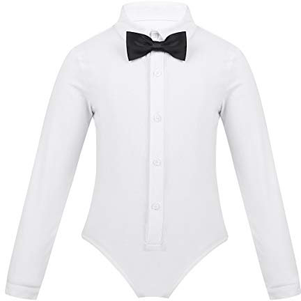 YOOJIA Kinder Jungen Einteilige Tanz Kostüme Anzug Body Hemd Lange Ärmel Smoking Strampler Leotard Trikot Moderner Latin Dancewear mit Revers Krawatte Weiss 116