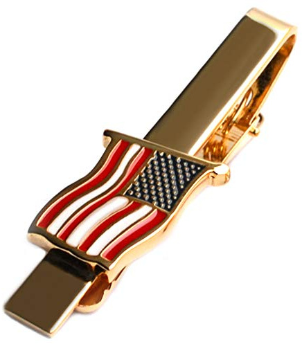 American Tie Clip for Men, Gold American Flag Necktie Bar Clips, Formal Tie Pins Stickpin Gift for USA Governor, Officer, Lawyer, Soldier, Patriot, Cops, Policemen (Waving Clip)