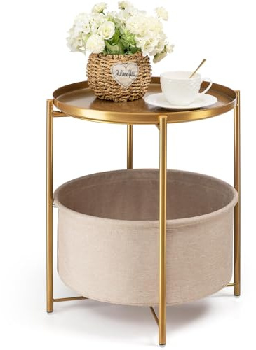 danpinera Round Side Table with Fabric Storage Basket, Metal Side Small Bedside Table Nightstand with Removable Tray Top for Living Room, Bedroom, Nursery, Bathroom, Gold