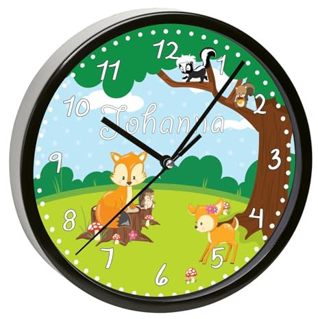 CreaDesign, Wanduhr Kinder personalisiert mit Name, Motiv Waldtiere, Rahmen Wanduhr schwarz, Ø 19,5 cm