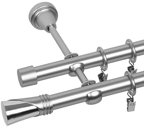 RENA Gardinenstange Vorhangstange 2-läufig - 19 mm - aus Metall - Lautlose Rollen - Komplettset - Chrom Matt 220cm |Duncan