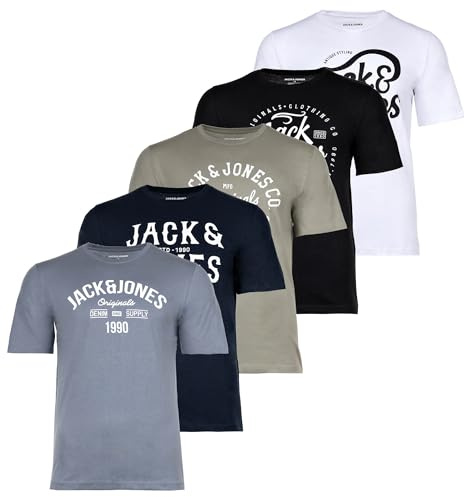 JACK & JONES Lot de 5 t-shirts en coton pour homme dans différents styles, imprimés et couleurs, Mix2, L