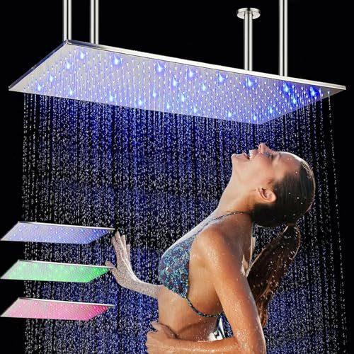 VBVARV Rainfall Shower Head Ceiling Mounted Large Rainfall Showerhead High Pressure Showerhead Full Body Coverage with Silicone Nozzle,LED,40X80CM