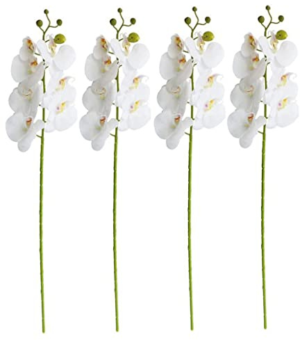 Konstgjorda orkidéblommor, 4 st konstgjorda orkidéblommor, äkta beröring Phalaenopsis blommor grenar gröna stjälkar för bröllop hem trädgård dekor