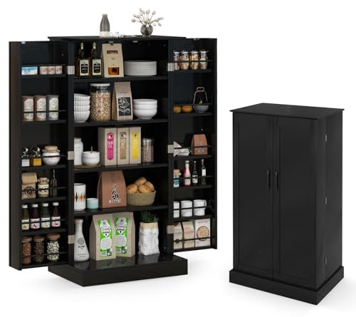 KOMFOTTEU Vorratsschrank mit Doppeltür, Aufbewahrungsschrank mit verstellbaren Einlegeböden, Mehrzweckschrank Süßigkeitenschrank, Küchenanrichte für Esszimmer, 60x40x120 cm (Schwarz)