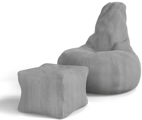 Juskys Sitzsack Chillex XL mit Hocker - Cord Sessel für Erwachsene - Füllung Memoryschaumstoff - Gaming & Lesesessel bequem - Bean Bag - Hellgrau